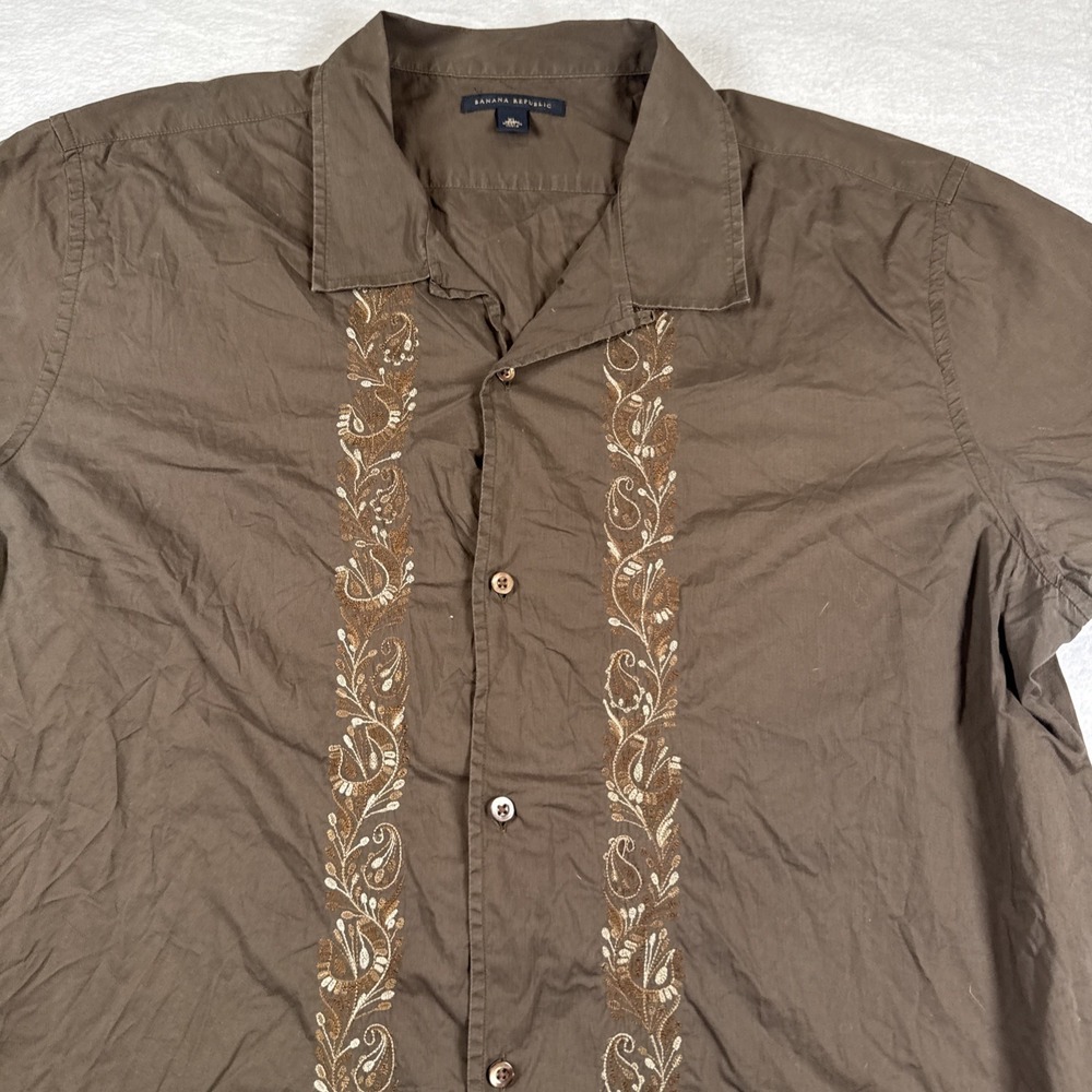 Vintage Men's BANANA REPUBLIC XL Brown EMBROIDERED Bowling Button SS Shirt 2005
